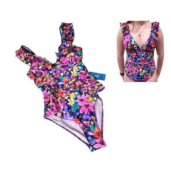 NEW Cupshe SWIMSUIT Women's MED Ruffled One Piece Floral V Neck Lace Up Back NWT - Picture 1 of 10